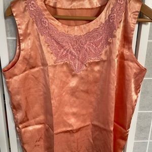 Yosi Satin Sleeveless Top with Lace Detail, Rust (red-orange) Size Small.